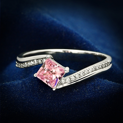 Ring,Sterling Silver,Rhodium,AAA Grade CZ,Rose,Square
