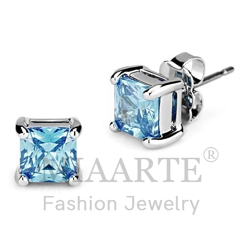 Earrings,Brass,Rhodium,AAA Grade CZ,AquaMarine,Square