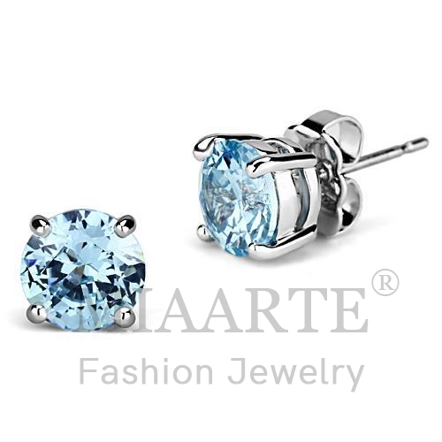 Earrings,Brass,Rhodium,AAA Grade CZ,AquaMarine,Round