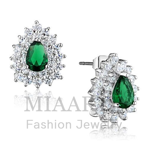 Earrings,Brass,Rhodium,Synthetic,Emerald,Synthetic Glass