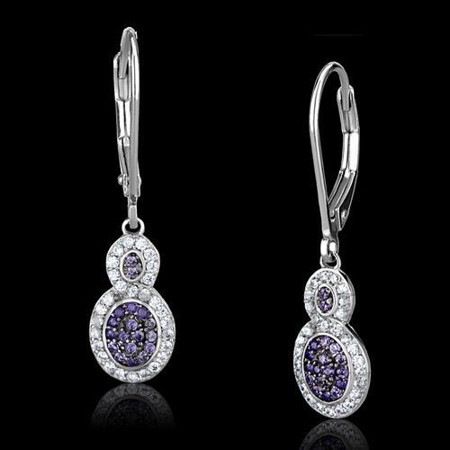 Earrings,Sterling Silver,Rhodium&Ruthenium,AAA Grade CZ,Amethyst