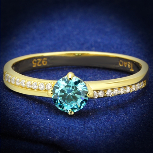 Ring,Sterling Silver,Gold,AAA Grade CZ,AquaMarine