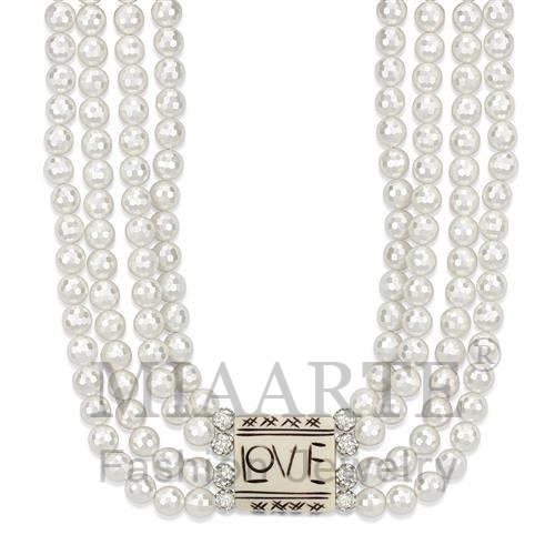 Necklace,White Metal,Antique Silver,Synthetic,White,Glass Bead